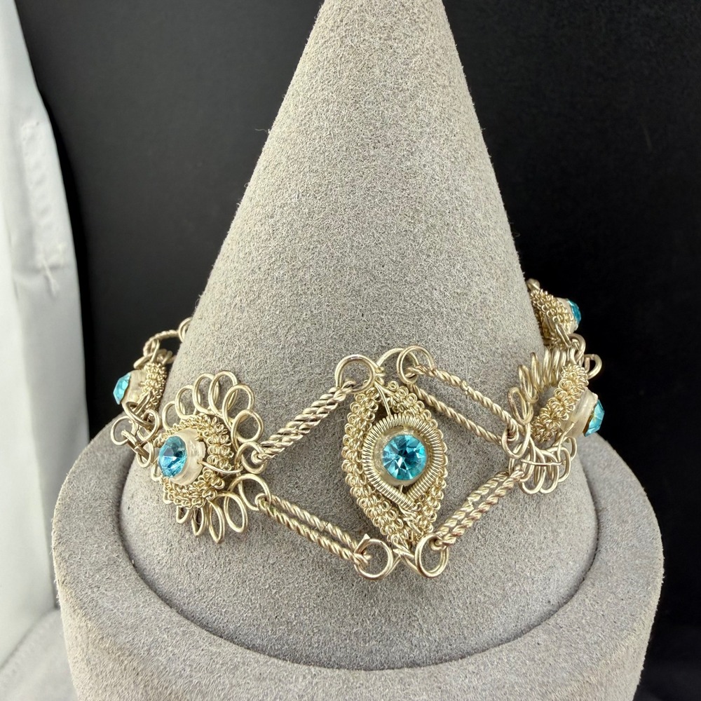 Vintage Wire Wrap Filigree Bracelet Silver Tone Blue Rhinestone 6.5 READ